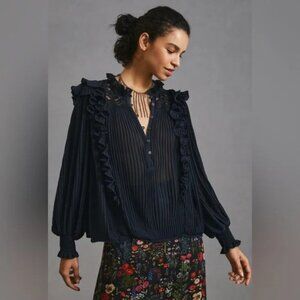 Anthropologie Pleated Ruffled Blouse Top Semi Sheer Black Wednesday Medium